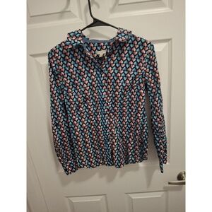 3/$15 Talbots Small Petite Blue Pink‎ Heart Long Sleeve Collared Button Up Shirt